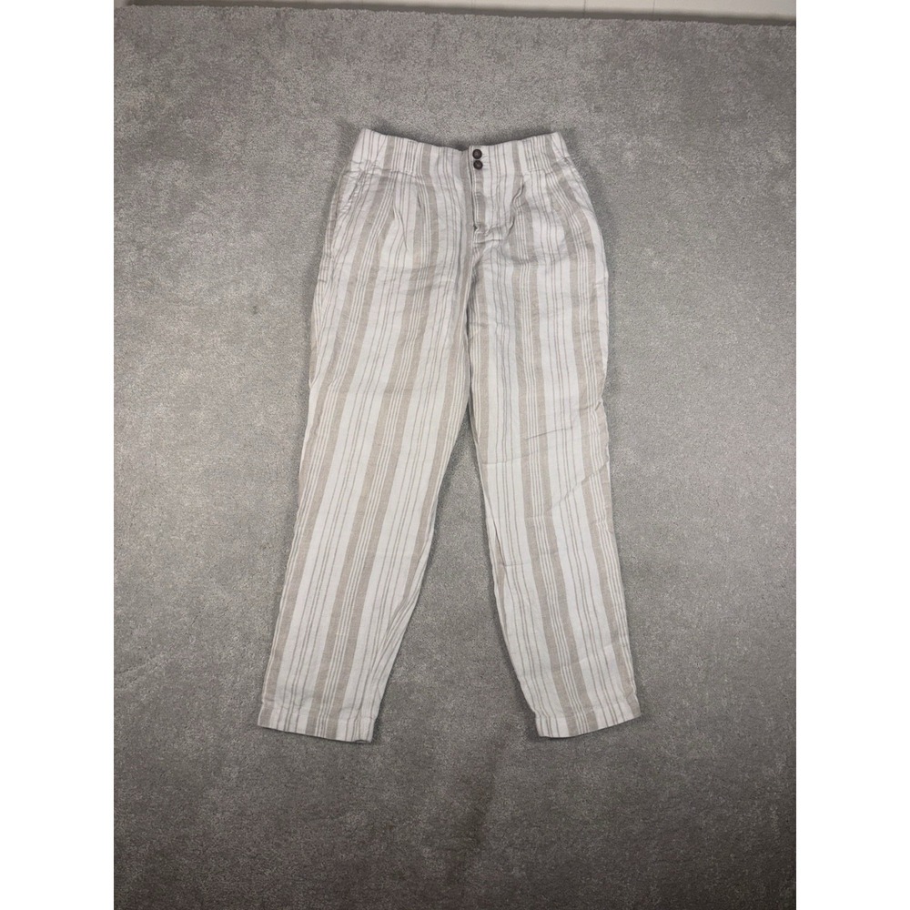 garnet hill linen striped pants pleated trousers‎ pockets beige tan 4